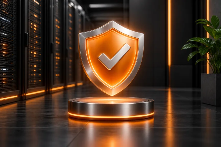 Orangefarbener Schutzschild vor einer dunklen Serverumgebung